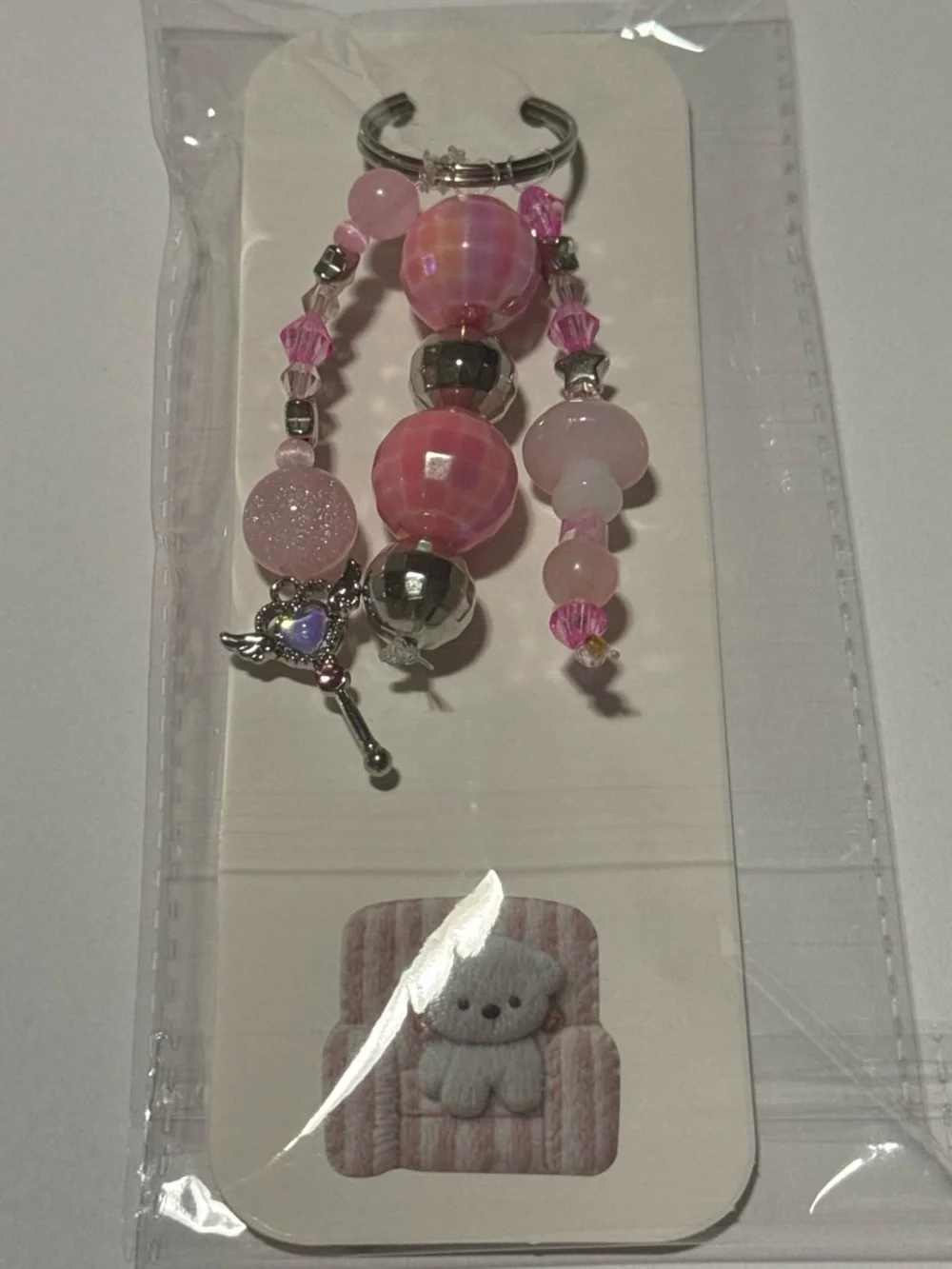 Beaded Pink Keychain Charm with Angel Wing Accent